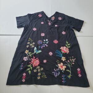 Johnny Was Dress Womens 2XL Black Embroidered Floral Boho Tunic Short Sleeve